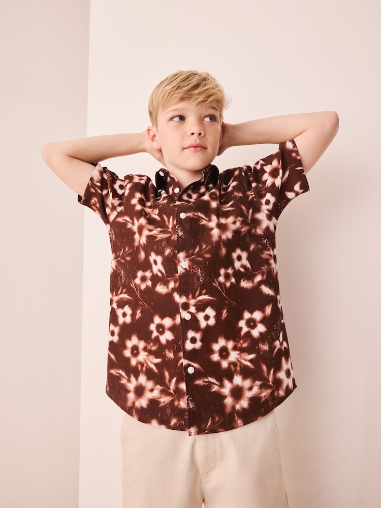 Chocolate Brown All Over Print Flowers Short Sleeve AOP Floral Shirt (5-16yrs) - Image 2 of 4