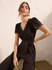 Καφετί της σοκολάτας - Friends Like These Lace Trim Detail Short Sleeve Jumpsuit - Εικόνα 3 από 4