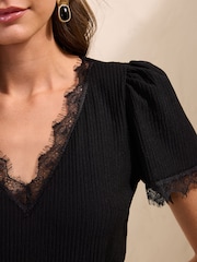Negru - Friends Like These Lace Trim Detail Short Sleeve Jumpsuit - Imaginea 3 din 5