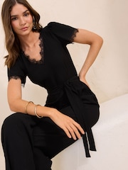 Negru - Friends Like These Lace Trim Detail Short Sleeve Jumpsuit - Imaginea 4 din 5