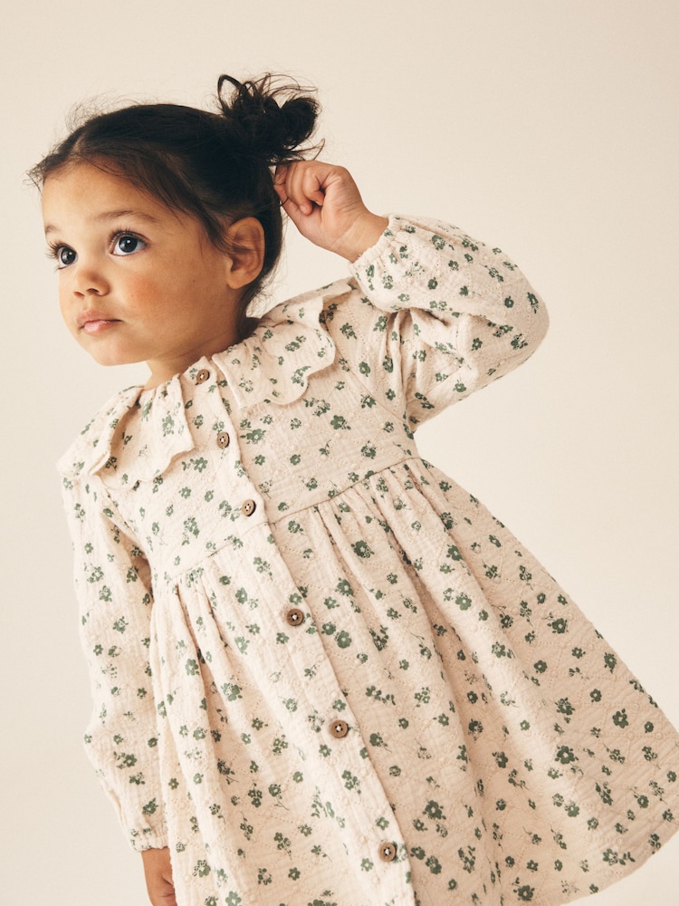 Ecru Ditsy Long Sleeve Collar Dress (3mths-8yrs) - Image 1 of 8 Ecru Ditsy Long Sleeve Collar Dress (3mths-8yrs) - Image 1 of 8