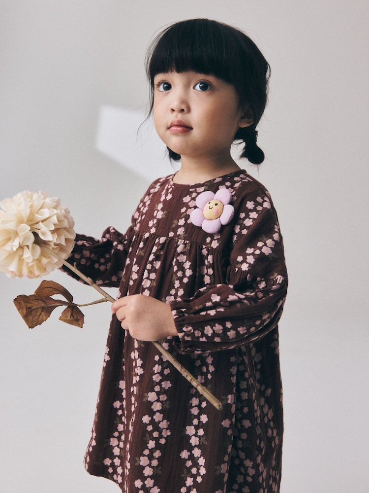 Chocolate Brown Flroal Long Sleeve Printed Dress (3mths-8yrs) - Image 1 of 4