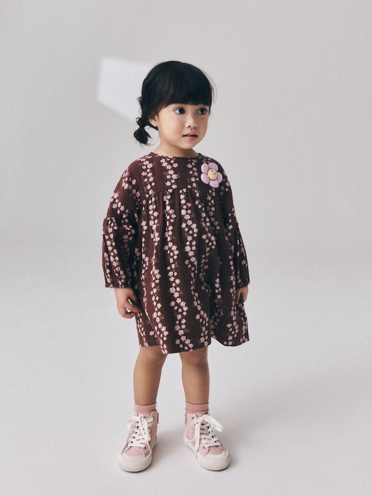 Chocolate Brown Flroal Long Sleeve Printed Dress (3mths-8yrs) - Image 2 of 4