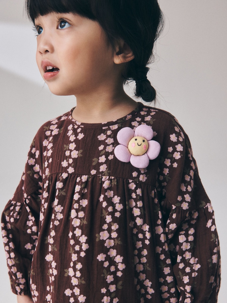 Chocolate Brown Flroal Long Sleeve Printed Dress (3mths-8yrs) - Image 4 of 4