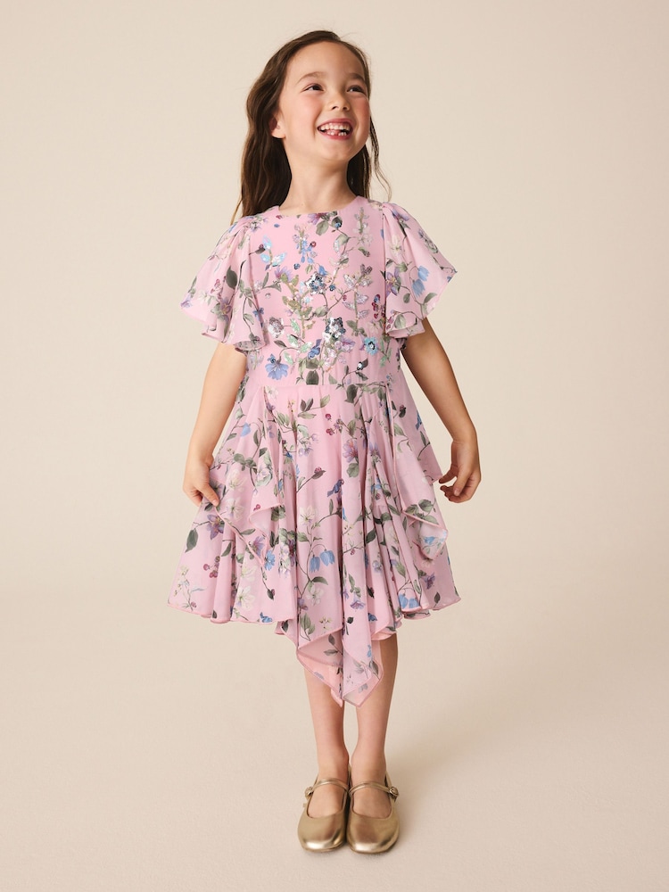 Dusky Pink Embellished Hanky Hem Dress (3-16yrs) - Image 1 of 8 Dusky Pink Embellished Hanky Hem Dress (3-16yrs) - Image 1 of 8