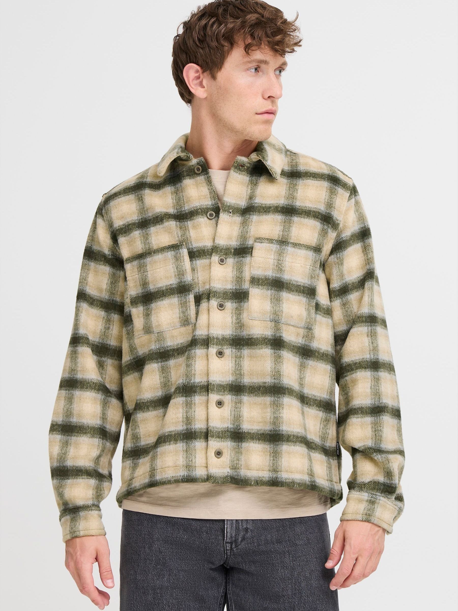 Blend Men's Green Olive Check Soft Touch Overshirt - Image 1