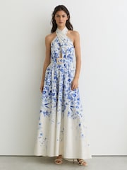 Reiss Ivory/Blue Amaya Petite Cotton Floral-Print Belted Maxi Dress with Stretch - Image 1 of 8