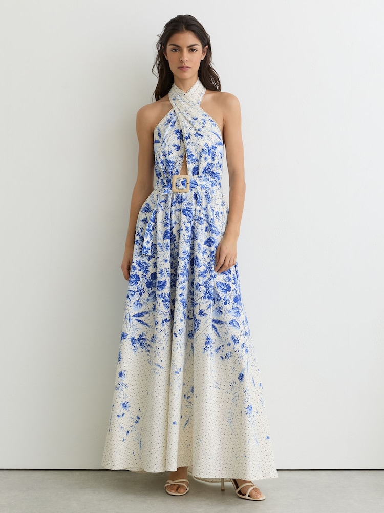 Reiss Ivory/Blue Amaya Petite Cotton Floral-Print Belted Maxi Dress with Stretch - Image 1 of 8