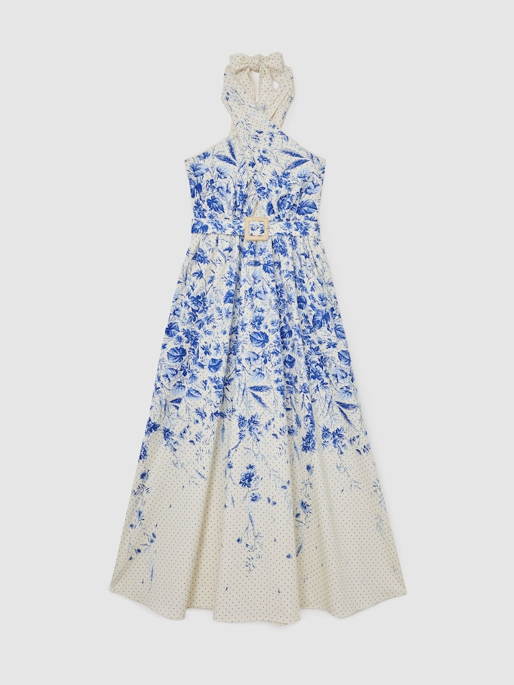 Reiss Ivory/Blue Amaya Petite Cotton Floral-Print Belted Maxi Dress with Stretch - Image 2 of 8