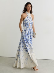 Reiss Ivory/Blue Amaya Petite Cotton Floral-Print Belted Maxi Dress with Stretch - Image 4 of 8