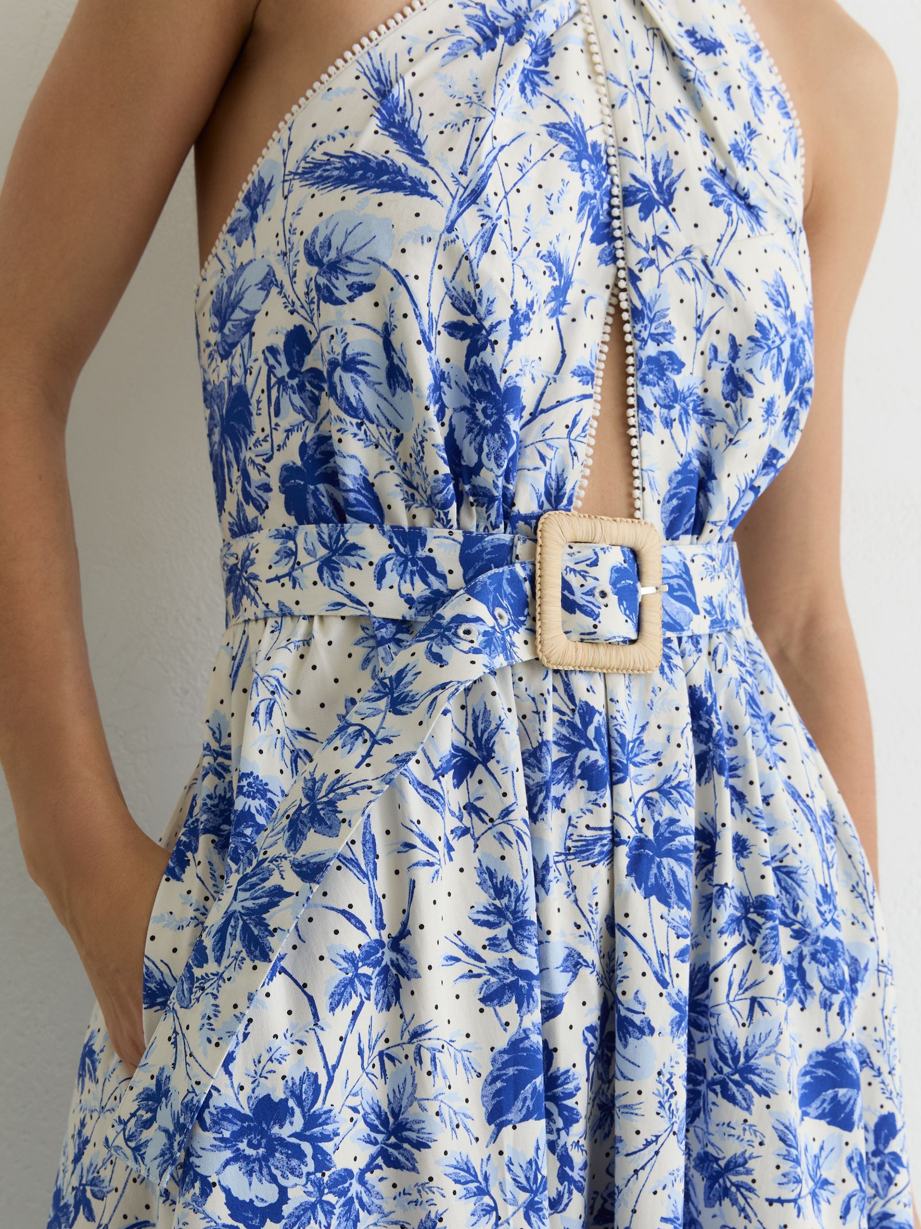 Reiss Amaya - Ivory/blue Amaya Petite Cotton Floral-print Belted Maxi Dress With Stretch, 16