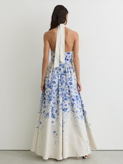 Reiss Ivory/Blue Amaya Petite Cotton Floral-Print Belted Maxi Dress with Stretch - Image 7 of 8
