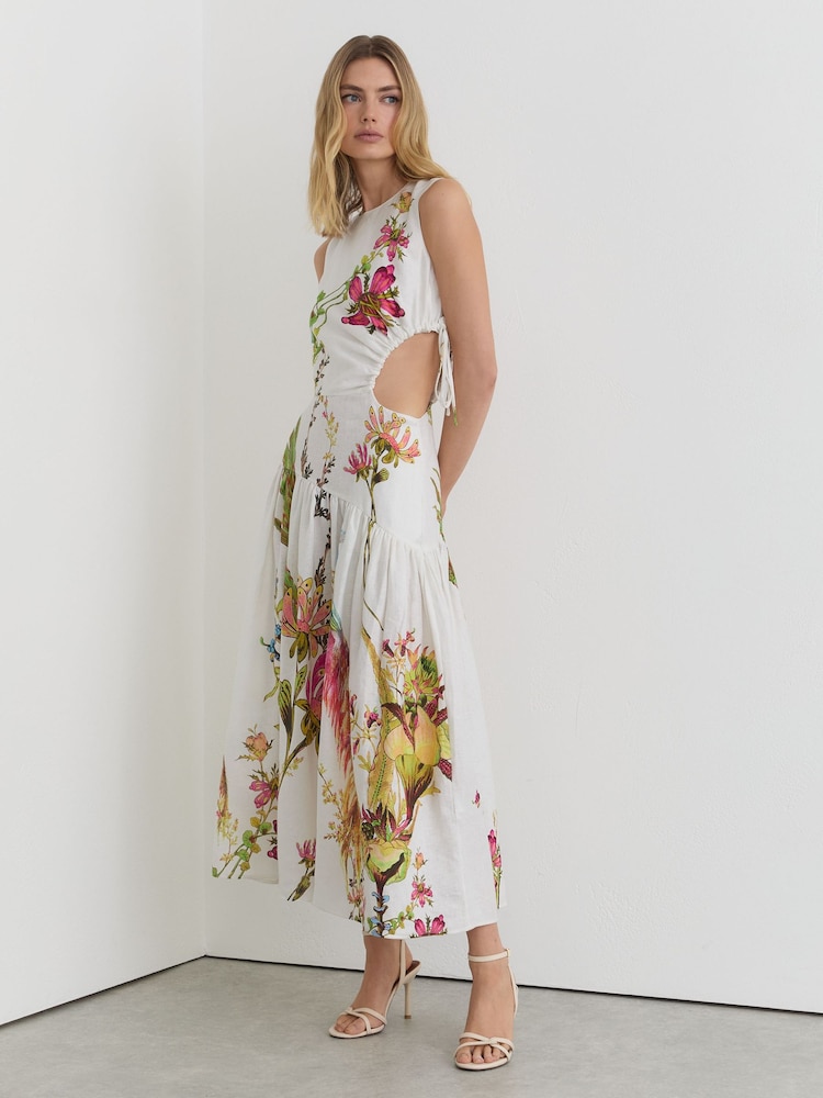 Reiss Ivory Bianca Linen Floral-Print Cut-Out Midi Dress - Image 1 of 6