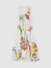 Reiss Ivory Bianca Linen Floral-Print Cut-Out Midi Dress - Image 2 of 6