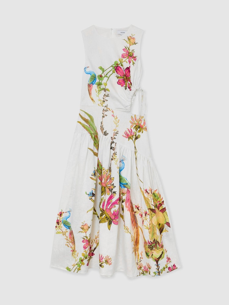 Reiss Ivory Bianca Linen Floral-Print Cut-Out Midi Dress - Image 2 of 6