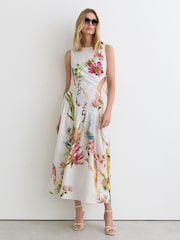 Reiss Ivory Bianca Linen Floral-Print Cut-Out Midi Dress - Image 3 of 6