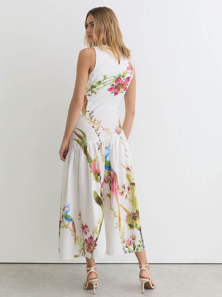 reiss floral midi dress Reiss Bianca Linen Floral-Print Cut-Out Midi Dress