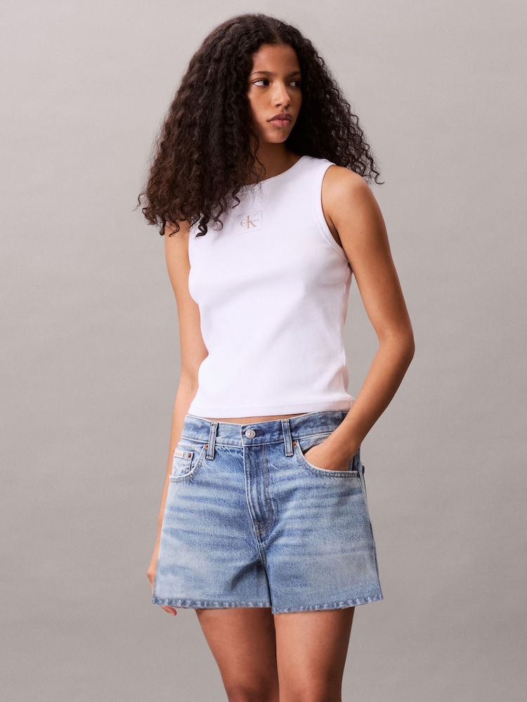 Calvin Klein White Woven Monologo Rib Tank Top - Image 1 of 6 Calvin Klein White Woven Monologo Rib Tank Top - Image 1 of 6