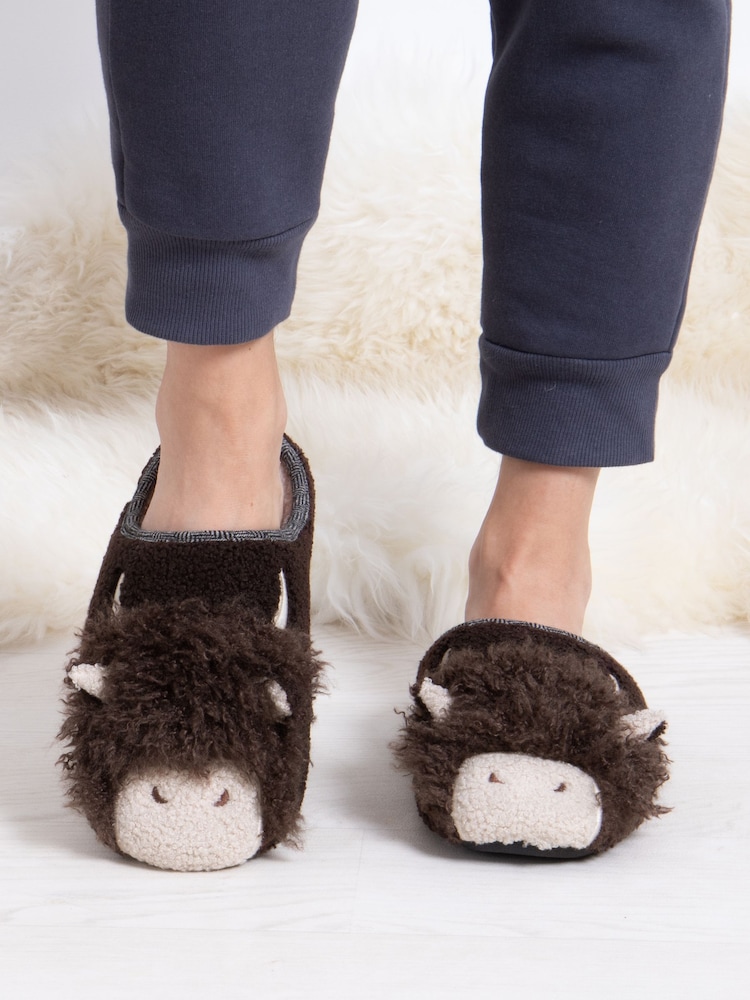 Totes Brown Highland Cow Novelty Mule Slippers - Image 1 of 5 Totes Brown Highland Cow Novelty Mule Slippers - Image 1 of 5