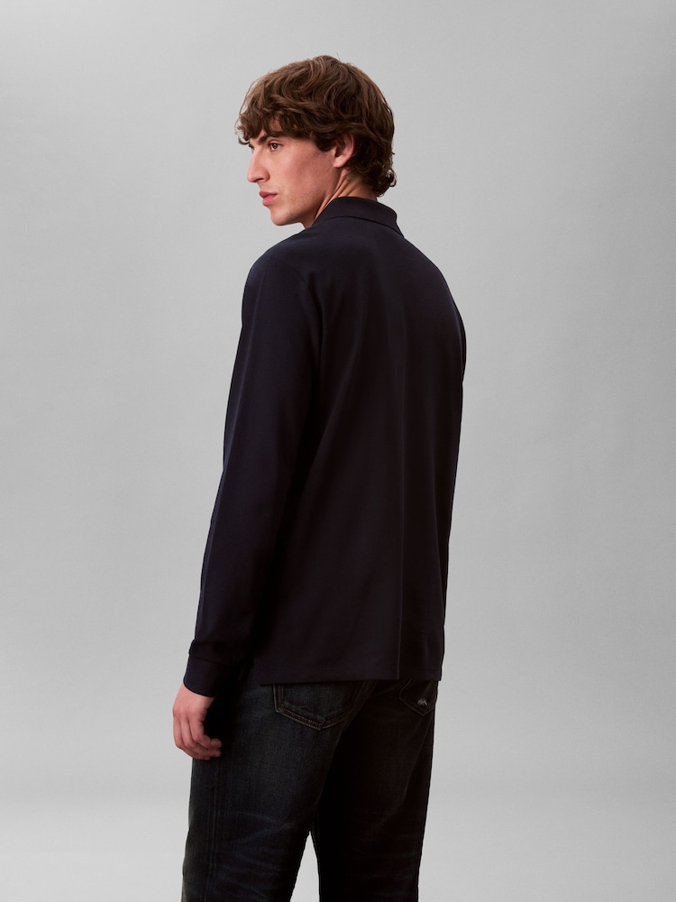 Calvin Klein Blue Long Sleeve Casual Pique Polo Shirt - Image 2 of 5 Calvin Klein Blue Long Sleeve Casual Pique Polo Shirt - Image 2 of 5