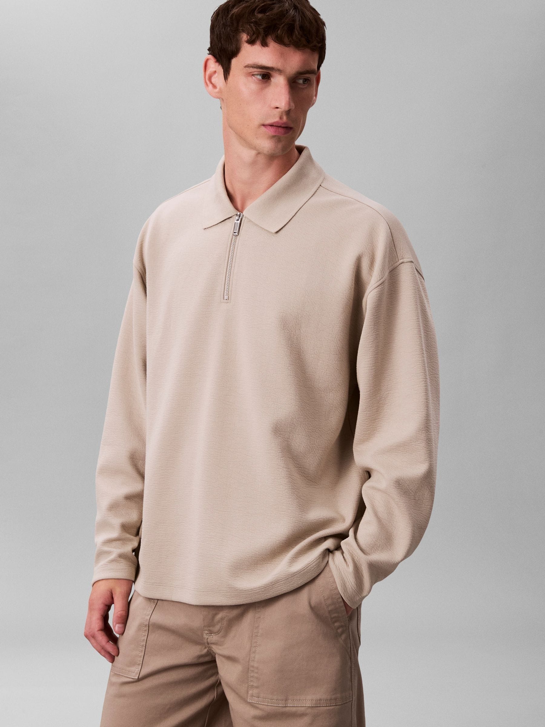 Buy Calvin Klein Natural Crinkle Crepe Quarter Zip Long Sleeve