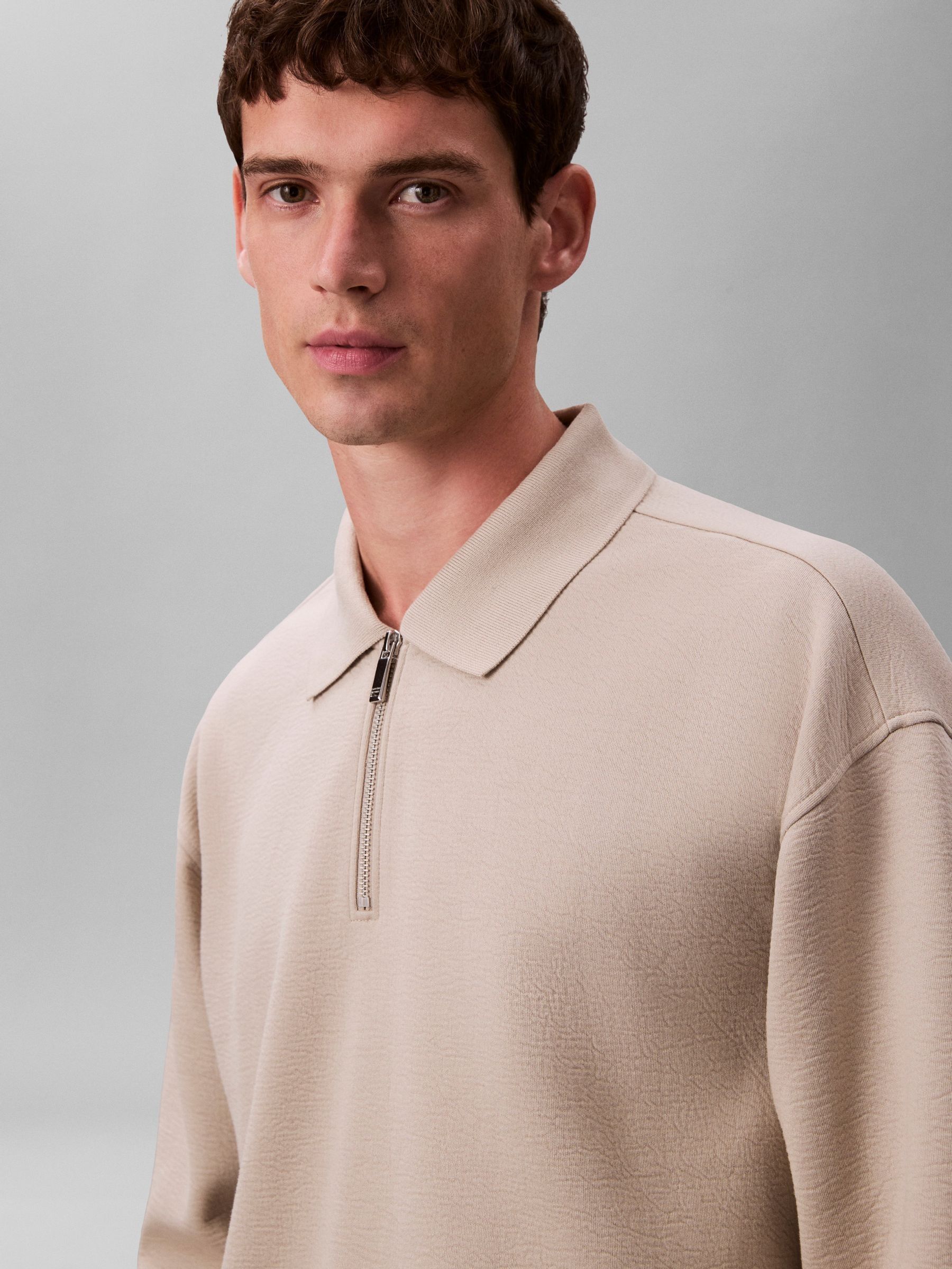 Buy Calvin Klein Natural Crinkle Crepe Quarter Zip Long Sleeve