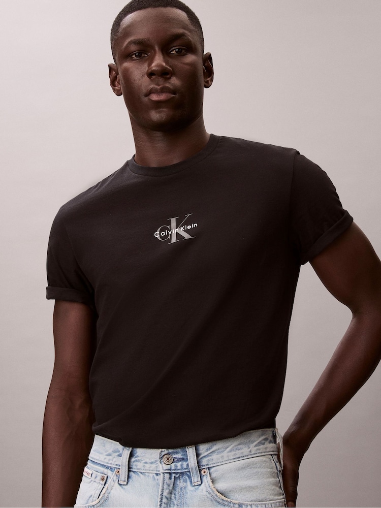 Calvin Klein Black Short Sleeve 30s Micro Monologo Graphic T-Shirt - Image 1 of 5