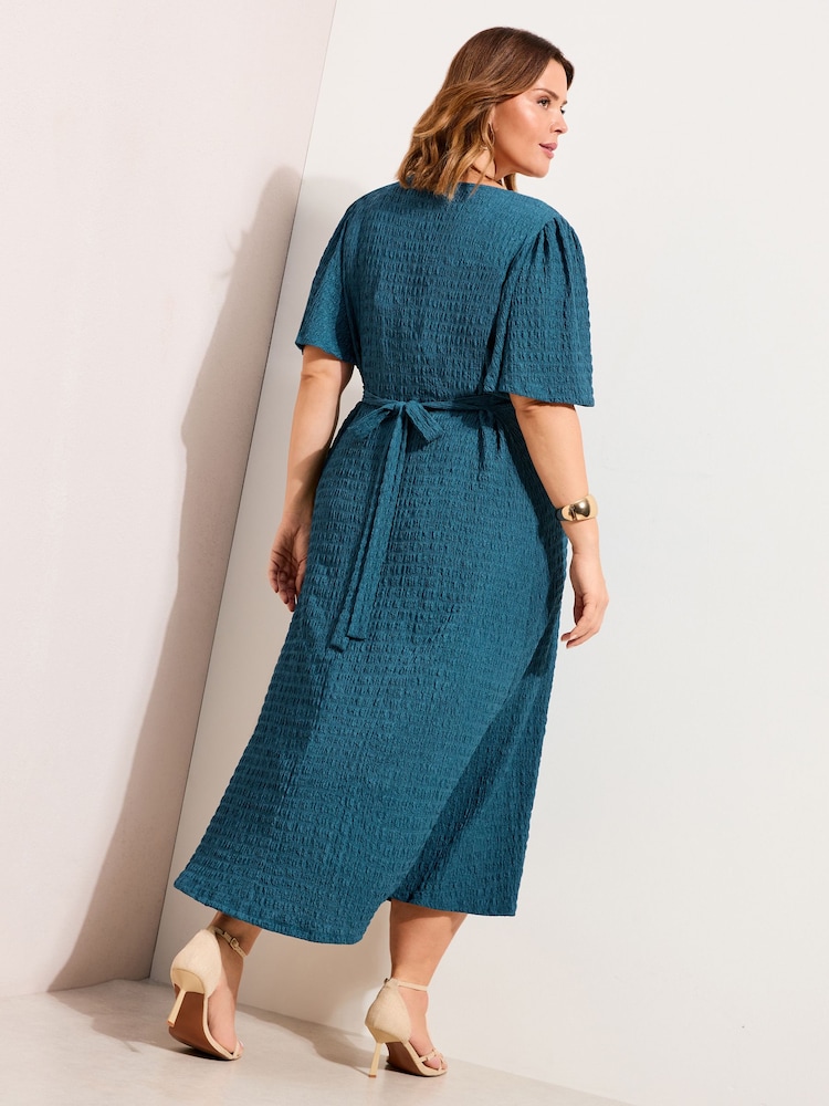 Friends Like These Teal Blue Curve Textured V-Neck Long Sleeve Midi Dress - Image 4 of 4