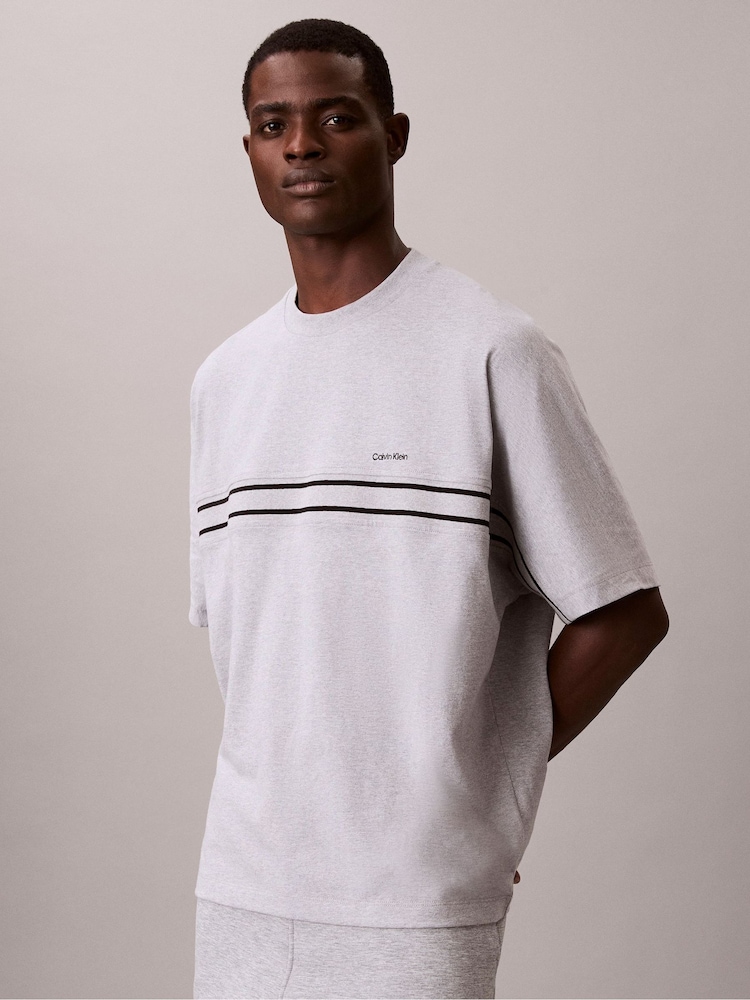 Calvin Klein Grey Short Sleeve 16s Jersey Logo Jacquard T-Shirt - Image 2 of 5 Calvin Klein Grey Short Sleeve 16s Jersey Logo Jacquard T-Shirt - Image 2 of 5