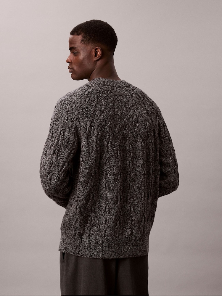 Calvin Klein Grey Lambswool Blend Cable Knit Crewneck Jumper - Image 2 of 7