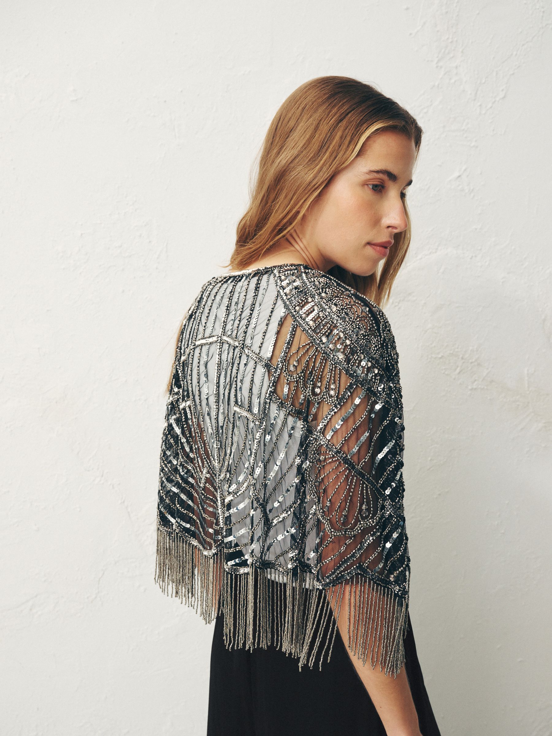 Buy Black/Silver Grey Embellished Beaded Cape Jacket from Next