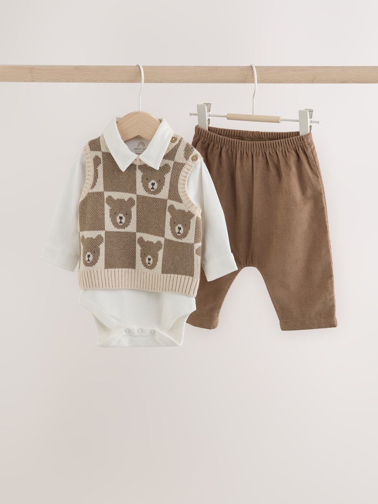 Brown Baby Knit Vest Bodysuit and Trousers Set (0mths-3yrs) - Image 1 of 13 Brown Baby Knit Vest Bodysuit and Trousers Set (0mths-3yrs) - Image 1 of 13