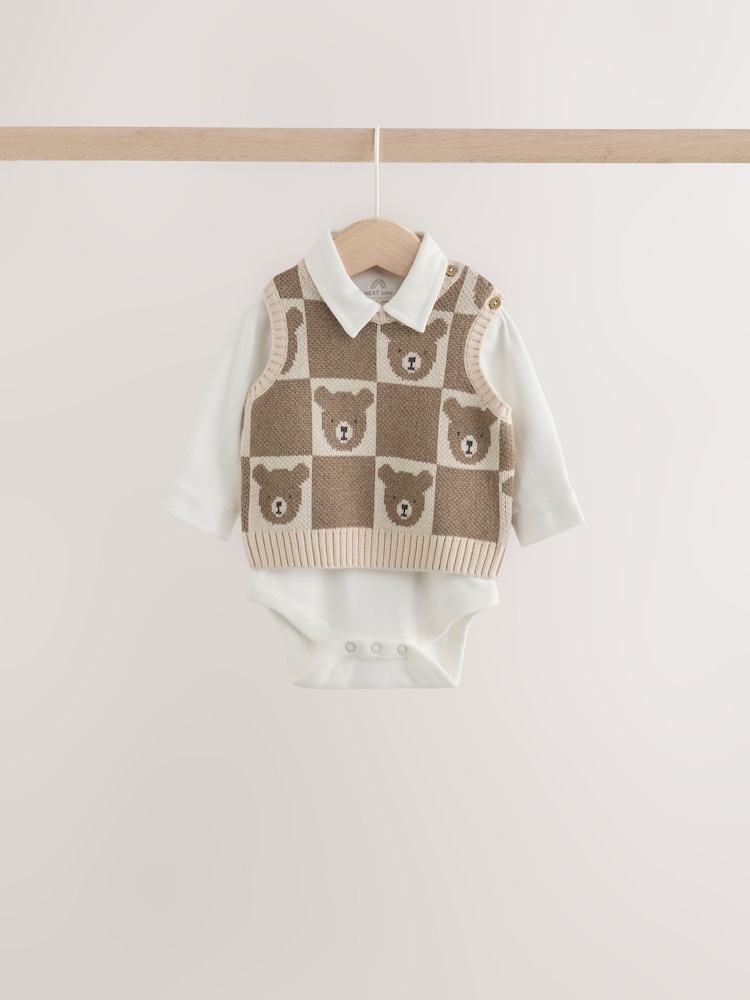 Brown Baby Knit Vest Bodysuit and Trousers Set (0mths-3yrs) - Image 2 of 13 Brown Baby Knit Vest Bodysuit and Trousers Set (0mths-3yrs) - Image 2 of 13