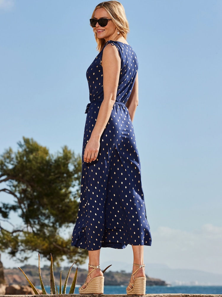 Sosandar Blue Metallic Spot Tie Waist Dress - Image 2 of 5 Sosandar Blue Metallic Spot Tie Waist Dress - Image 2 of 5