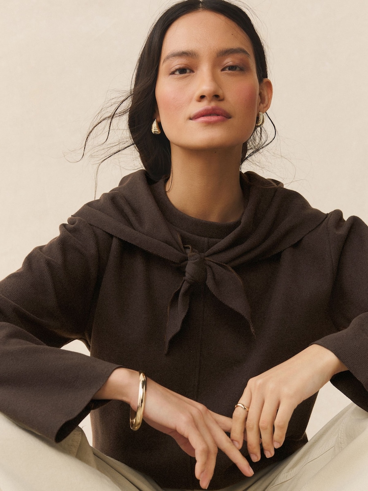 Chocolate Brown Cosy Soft Touch Crew Neck Sweatshirt with Neck Scarf - Image 1 of 10 Chocolate Brown Cosy Soft Touch Crew Neck Sweatshirt with Neck Scarf - Image 1 of 10