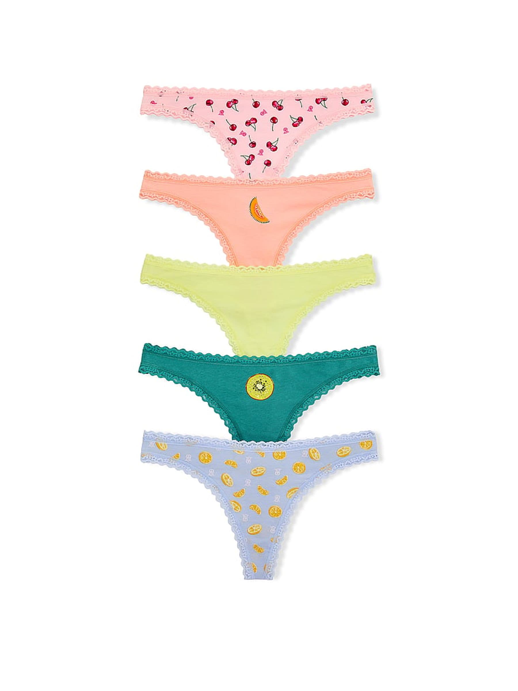 Victoria's Secret Pink/Orange/Yellow/Green/Blue Thong 5 Pack Cotton Lace Trim Knickers
