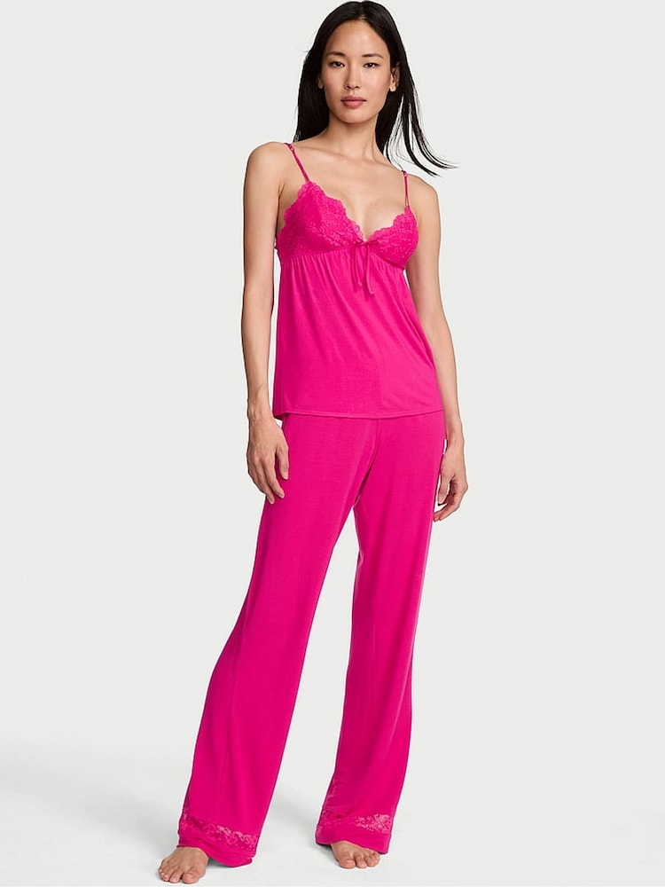 Victoria's Secret Pop Pink Lace Trim Modal Cami & Trousers Set - Image 1 of 2