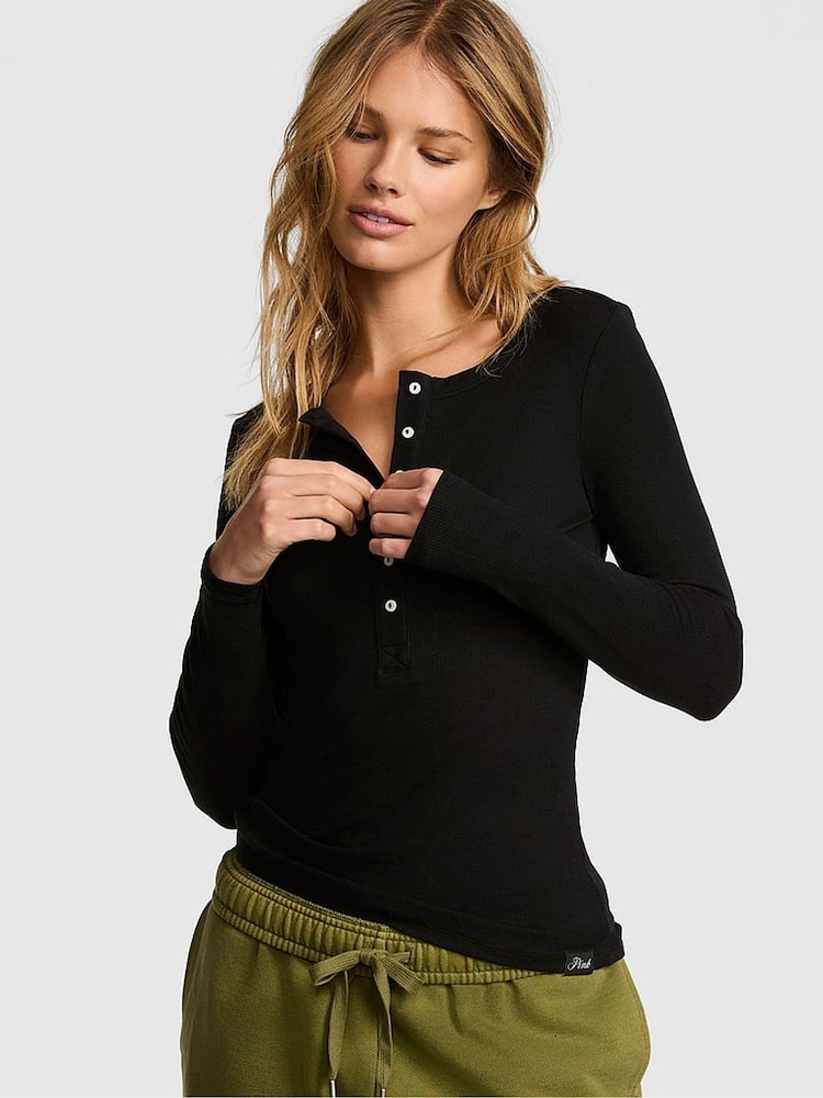 Victoria's Secret Pink Black Ribbed Long Sleeve T-Shirt - Image 1 of 2 Victoria's Secret Pink Black Ribbed Long Sleeve T-Shirt - Image 1 of 2