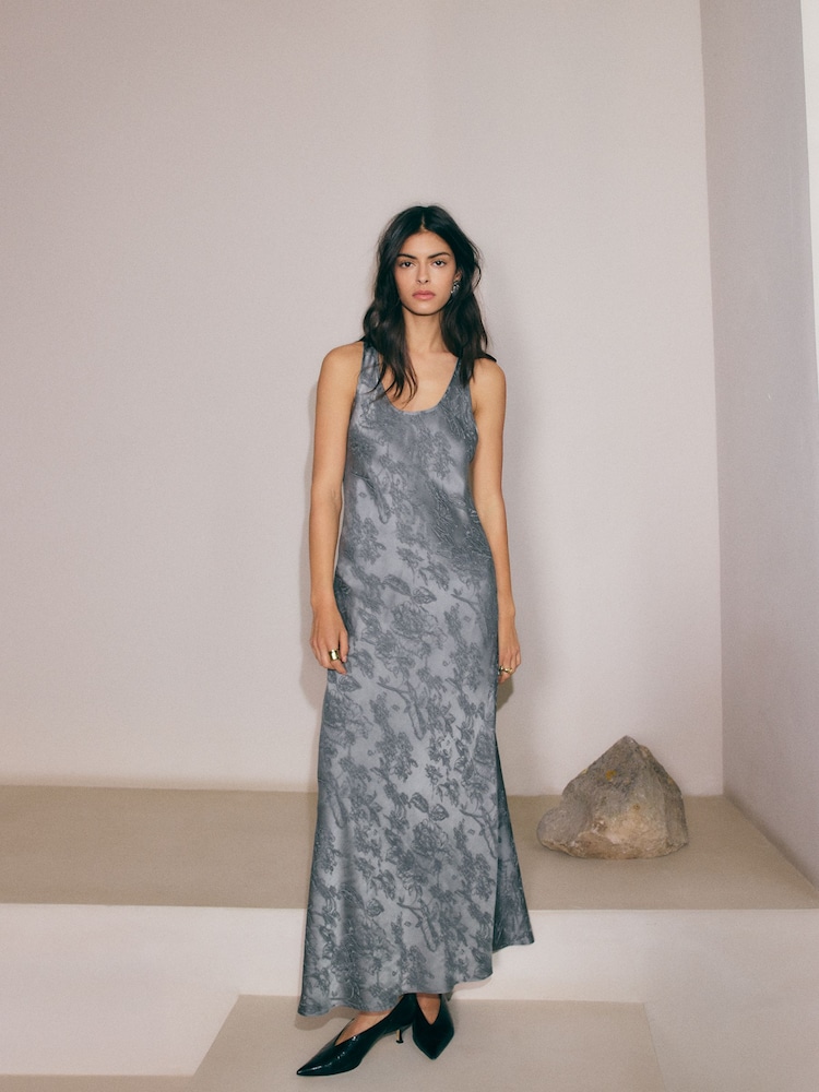 BHOEM Grey Premium Satin Jacquard Midi Dress - Image 5 of 5