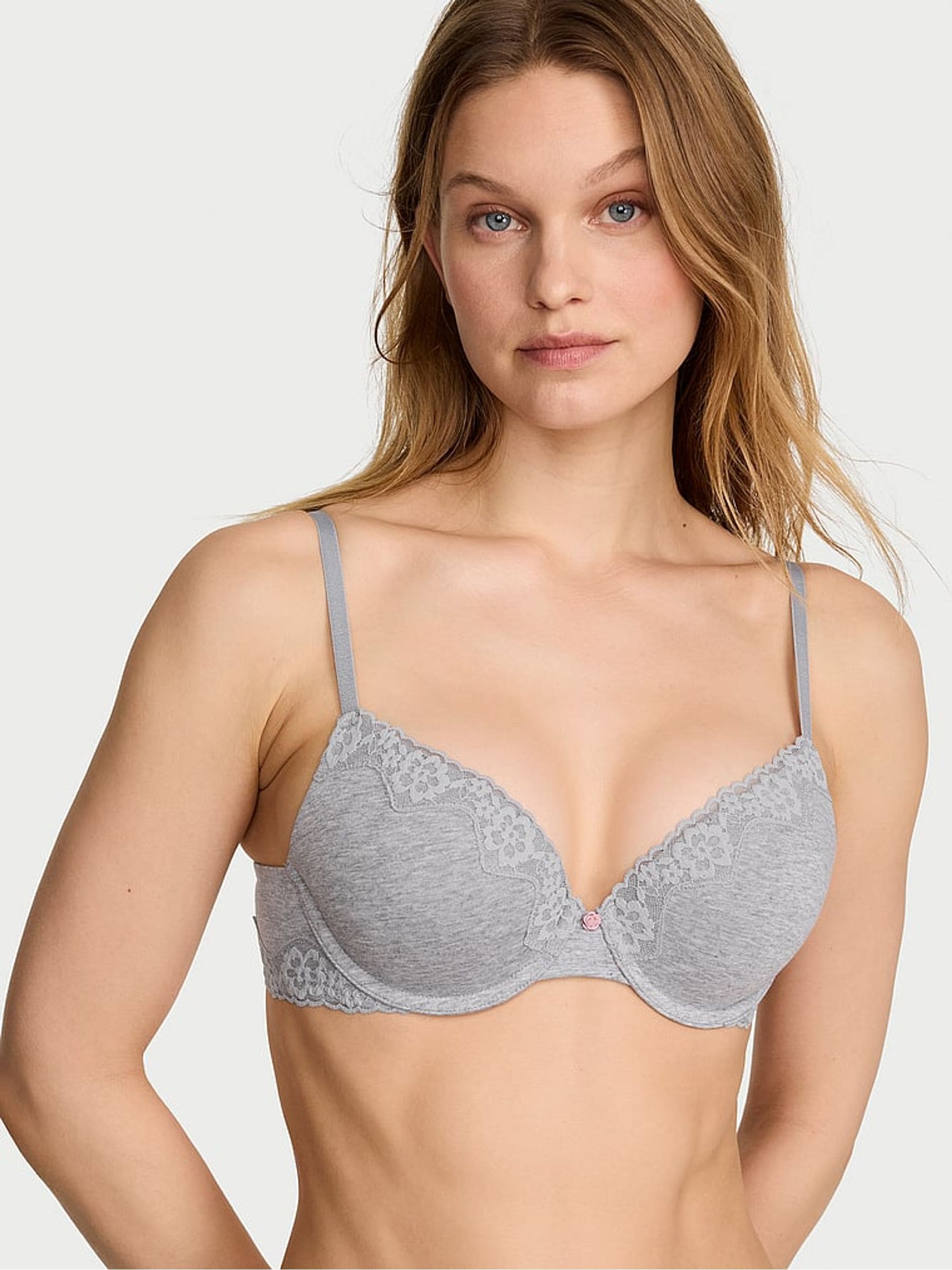 Victoria's Secret Medium Heather Grey Full Cup Push Up Cotton Lace Trim Bra