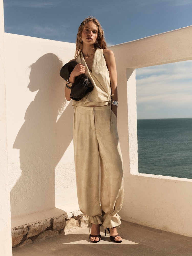 Satin Jacquard Trousers With Lace Up Detail - Imaginea 1 din 4