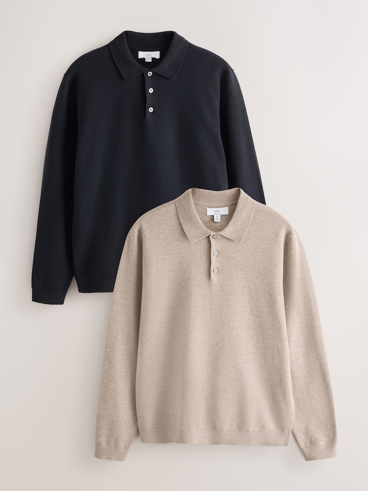 Neutral/Navy Blue Essential Knitted Polo Shirts 2 Pack - Image 1 of 5 Neutral/Navy Blue Essential Knitted Polo Shirts 2 Pack - Image 1 of 5