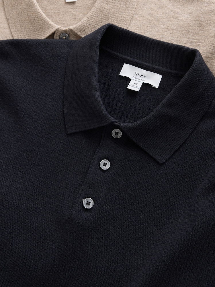 Neutral/Navy Blue Essential Knitted Polo Shirts 2 Pack - Image 5 of 5 Neutral/Navy Blue Essential Knitted Polo Shirts 2 Pack - Image 5 of 5