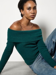 Verde - Apricot Fuzzy Ribbed Bardot Jumper - Imagen 1 de 4
