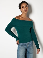 Verde - Apricot Fuzzy Ribbed Bardot Jumper - Imagen 3 de 4