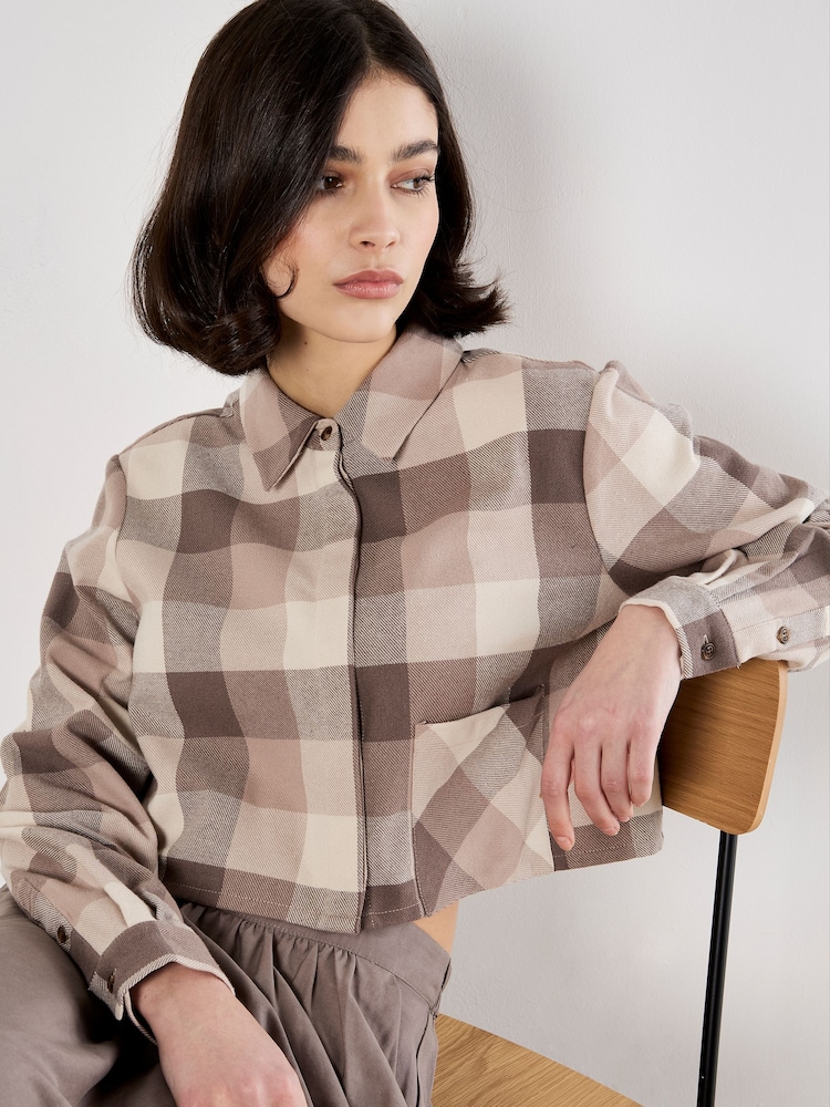 Apricot Grey Buffalo Check Cropped Shirt - Image 1 of 5 Apricot Grey Buffalo Check Cropped Shirt - Image 1 of 5