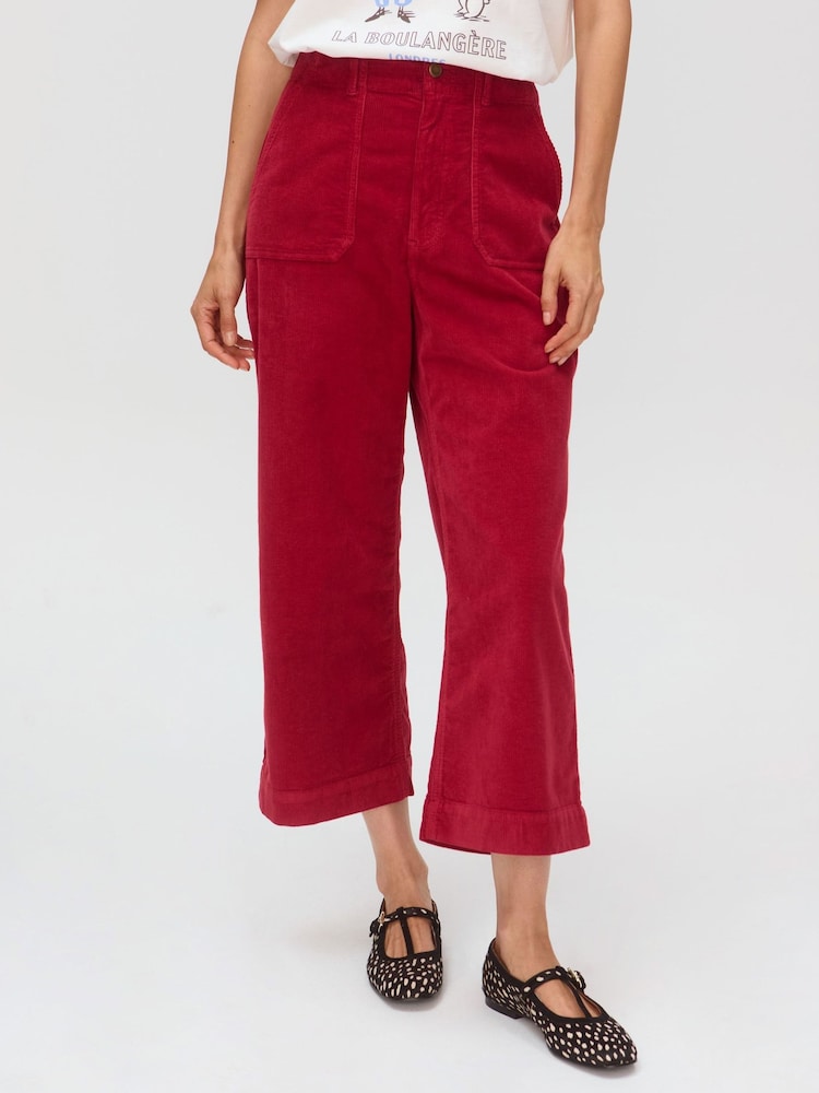 Oliver Bonas Red Corduroy Cropped Wide Leg Trousers - Image 1 of 7 Oliver Bonas Red Corduroy Cropped Wide Leg Trousers - Image 1 of 7