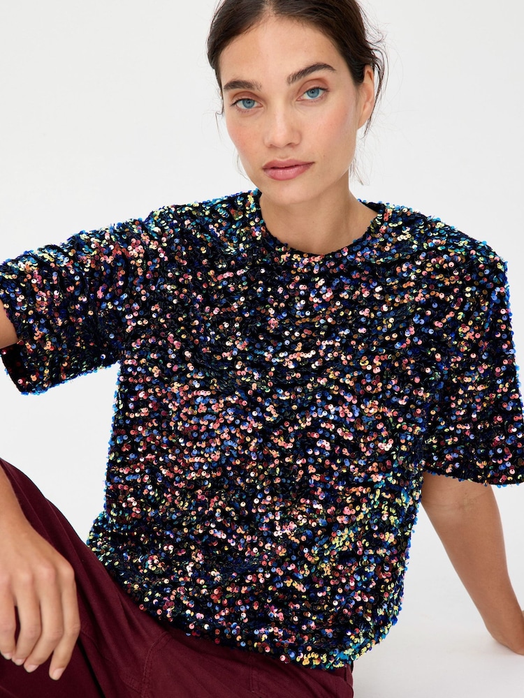 Oliver Bonas Blue Sequin Short Sleeve T-Shirt - Image 1 of 7 Oliver Bonas Blue Sequin Short Sleeve T-Shirt - Image 1 of 7