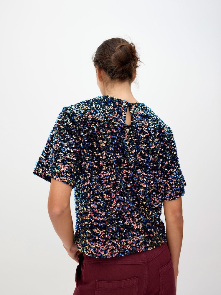 Oliver Bonas Blue Sequin Short Sleeve T-Shirt - Image 2 of 7 Oliver Bonas Blue Sequin Short Sleeve T-Shirt - Image 2 of 7