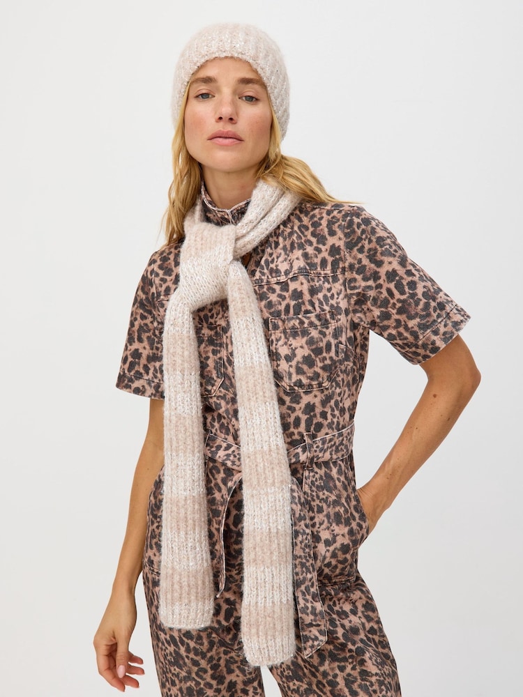 Oliver Bonas Brown Striped Sequin Knitted Skinny Scarf - Image 1 of 5 Oliver Bonas Brown Striped Sequin Knitted Skinny Scarf - Image 1 of 5